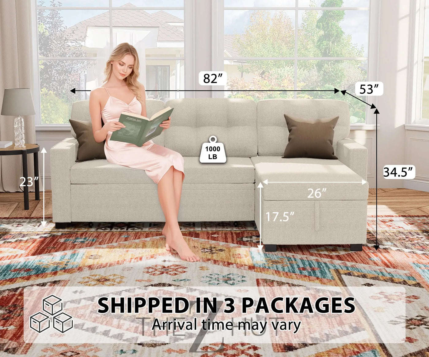 Reversible Sectional Sofa Couch, Sleeper Sofa Bed with Storage Chaise Pull Out Couch for Living Room | Hidden Stroge | Pull Out Bed | Removable Backrest | Linen Fabric, DeepGrey THE Z HUT