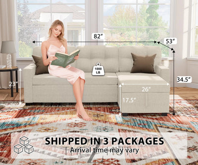 Reversible Sectional Sofa Couch, Sleeper Sofa Bed with Storage Chaise Pull Out Couch for Living Room | Hidden Stroge | Pull Out Bed | Removable Backrest | Linen Fabric, DeepGrey THE Z HUT