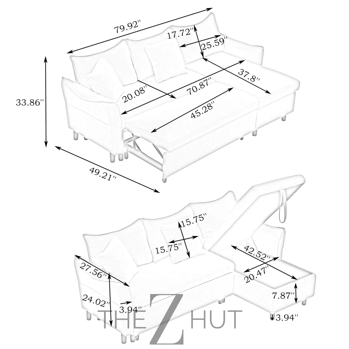 Reversible Sectional Sofa Couch, Sleeper Sofa Bed with Storage Chaise Pull Out Couch for Living Room | Hidden Stroge | Pull Out Bed | Removable Backrest | Linen Fabric, DeepGrey THE Z HUT