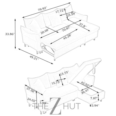 Reversible Sectional Sofa Couch, Sleeper Sofa Bed with Storage Chaise Pull Out Couch for Living Room | Hidden Stroge | Pull Out Bed | Removable Backrest | Linen Fabric, DeepGrey THE Z HUT