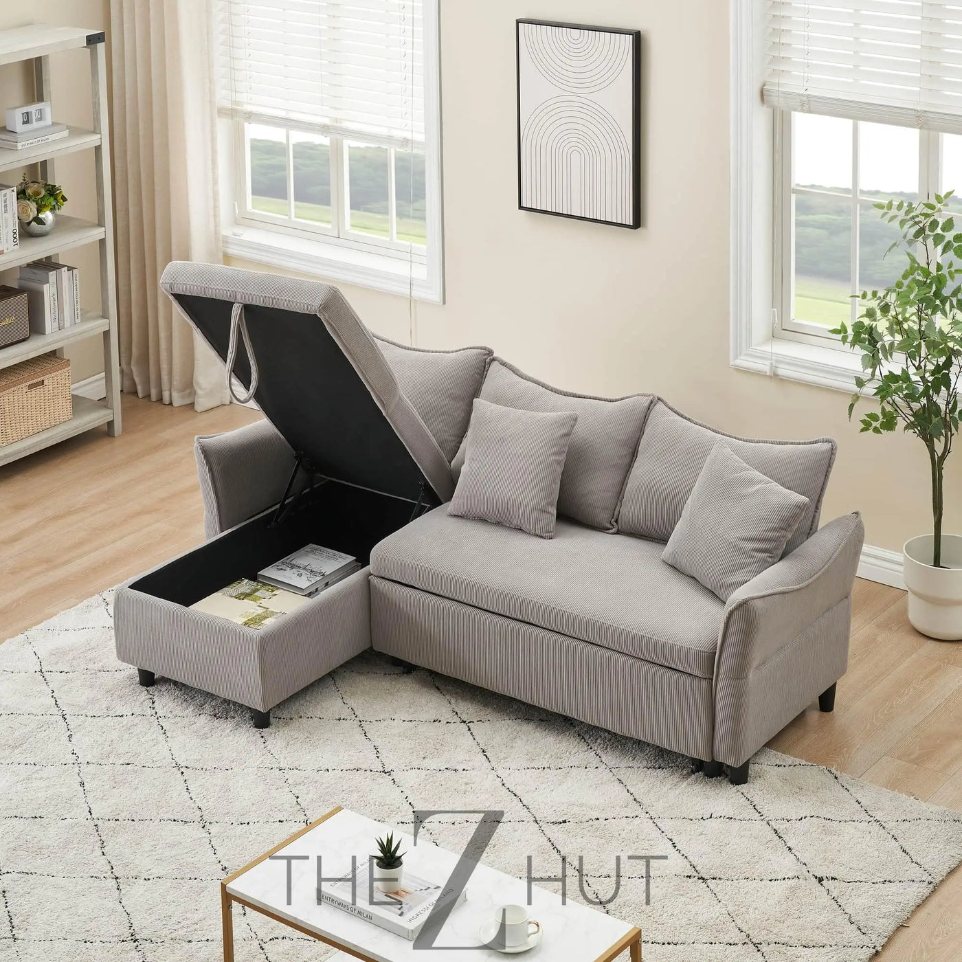 Reversible Sectional Sofa Couch, Sleeper Sofa Bed with Storage Chaise Pull Out Couch for Living Room | Hidden Stroge | Pull Out Bed | Removable Backrest | Linen Fabric, DeepGrey THE Z HUT