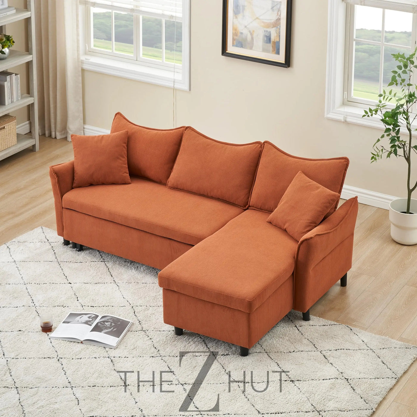 Reversible Sectional Sofa Couch, Sleeper Sofa Bed with Storage Chaise Pull Out Couch for Living Room | Hidden Stroge | Pull Out Bed | Removable Backrest | Linen Fabric, DeepGrey THE Z HUT