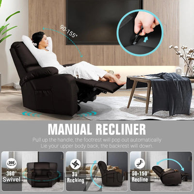 Rocking Recliner Chair, Massage Rocker Recliner Chair with Vibration Massage and Heat,360° Swivel Recliner Chairs, Living Room, Bedroom, Nursery, RV, Brown THE Z HUT