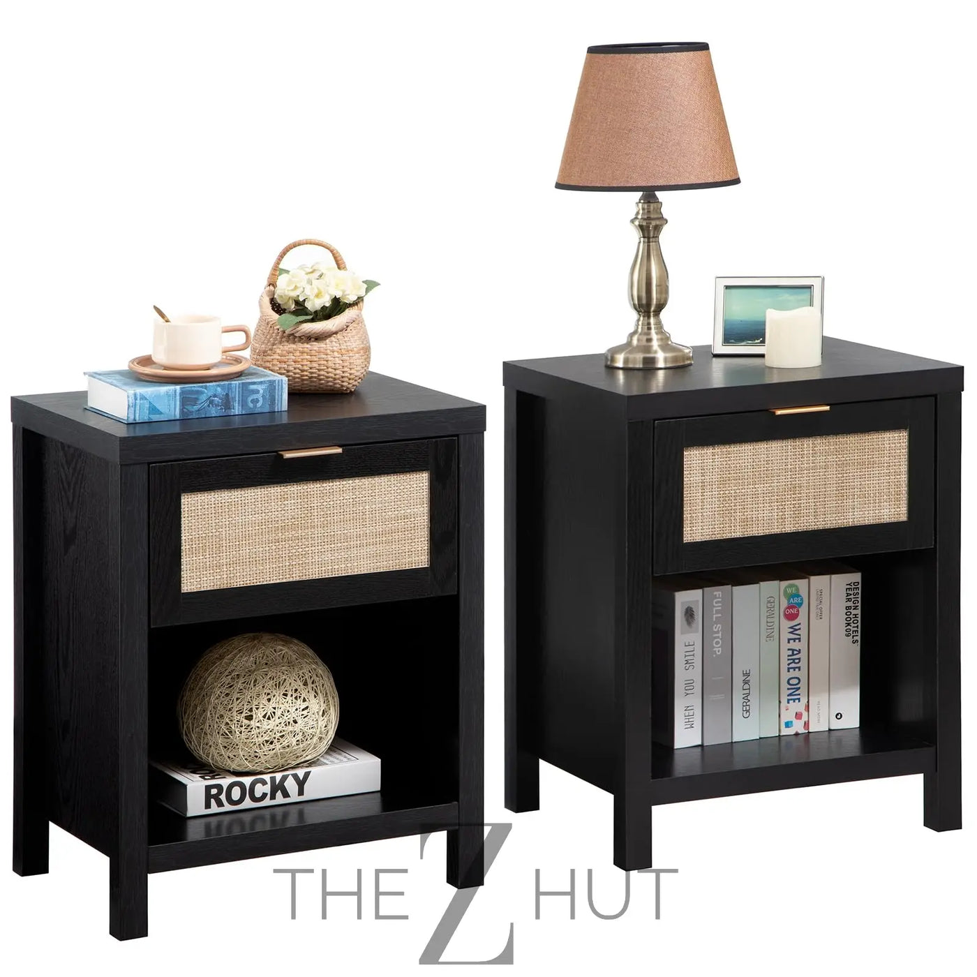 SICOTAS Rattan Nightstands Set of 2 - Farmhouse Night Stand with Drawer and Storage Shelf - Boho Bedside Table End Side Table for Bedroom, Oak THE Z HUT