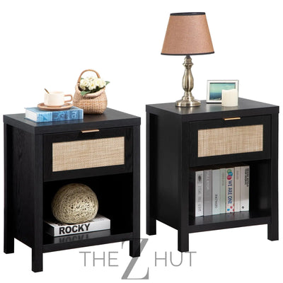 SICOTAS Rattan Nightstands Set of 2 - Farmhouse Night Stand with Drawer and Storage Shelf - Boho Bedside Table End Side Table for Bedroom, Oak THE Z HUT