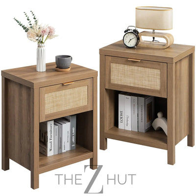 SICOTAS Rattan Nightstands Set of 2 - Farmhouse Night Stand with Drawer and Storage Shelf - Boho Bedside Table End Side Table for Bedroom, Oak THE Z HUT