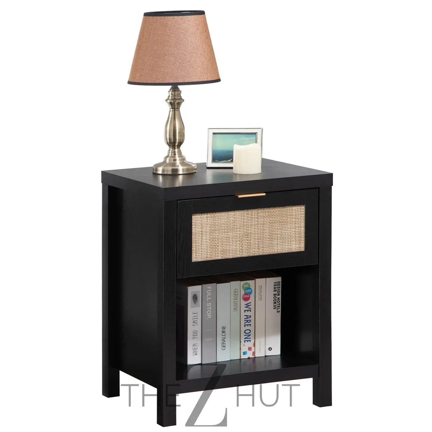 SICOTAS Rattan Nightstands Set of 2 - Farmhouse Night Stand with Drawer and Storage Shelf - Boho Bedside Table End Side Table for Bedroom, Oak THE Z HUT