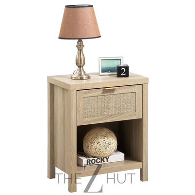 SICOTAS Rattan Nightstands Set of 2 - Farmhouse Night Stand with Drawer and Storage Shelf - Boho Bedside Table End Side Table for Bedroom, Oak THE Z HUT