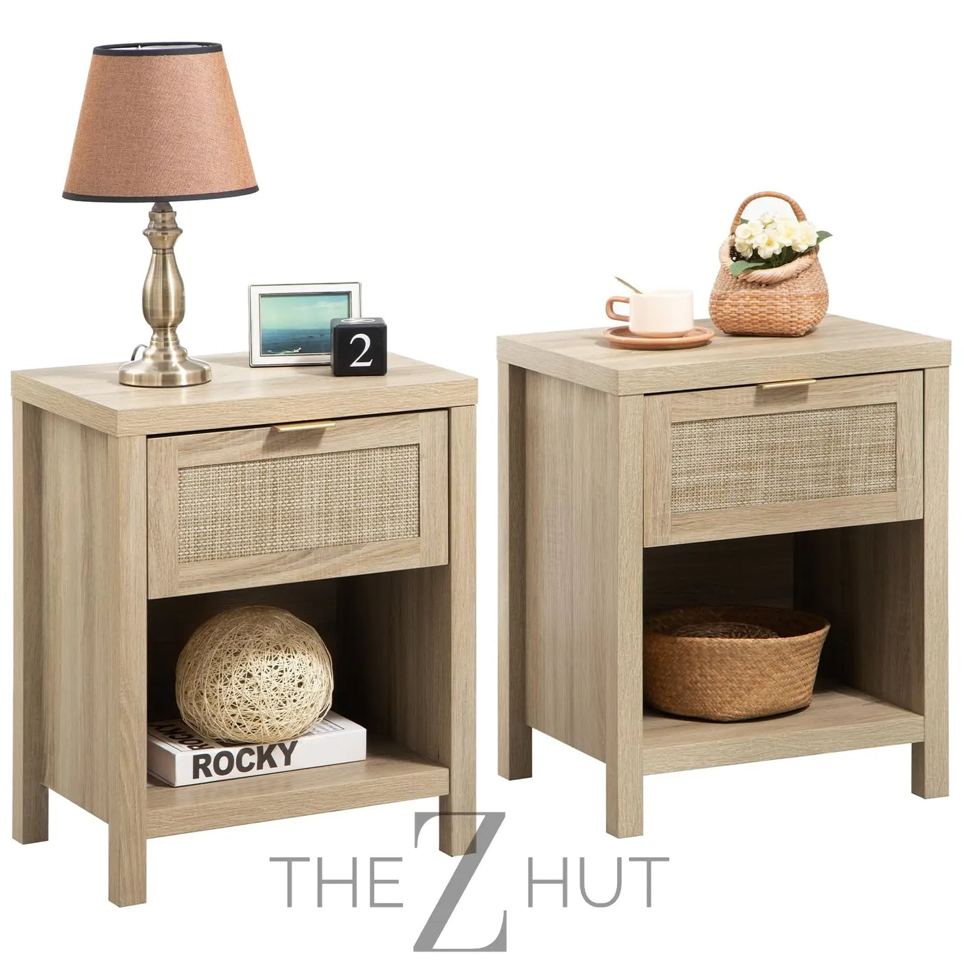 SICOTAS Rattan Nightstands Set of 2 - Farmhouse Night Stand with Drawer and Storage Shelf - Boho Bedside Table End Side Table for Bedroom, Oak THE Z HUT