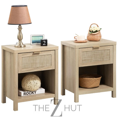 SICOTAS Rattan Nightstands Set of 2 - Farmhouse Night Stand with Drawer and Storage Shelf - Boho Bedside Table End Side Table for Bedroom, Oak THE Z HUT