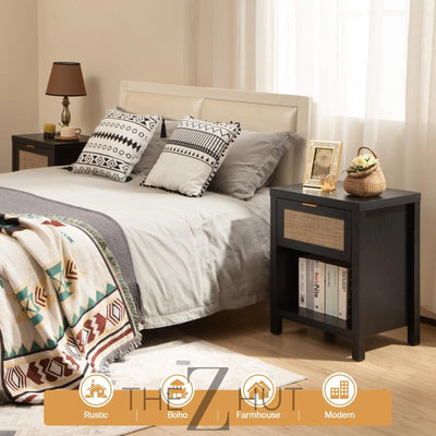 SICOTAS Rattan Nightstands Set of 2 - Farmhouse Night Stand with Drawer and Storage Shelf - Boho Bedside Table End Side Table for Bedroom, Oak THE Z HUT