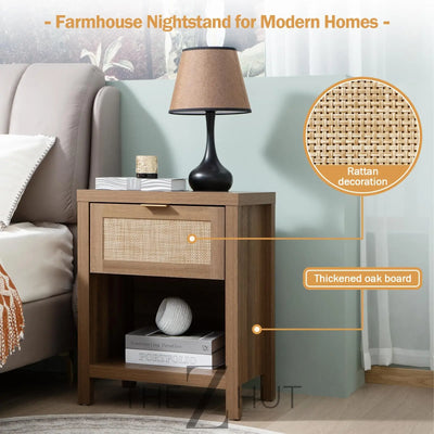 SICOTAS Rattan Nightstands Set of 2 - Farmhouse Night Stand with Drawer and Storage Shelf - Boho Bedside Table End Side Table for Bedroom, Oak THE Z HUT