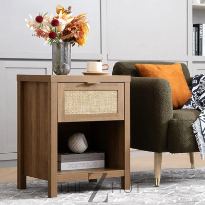 SICOTAS Rattan Nightstands Set of 2 - Farmhouse Night Stand with Drawer and Storage Shelf - Boho Bedside Table End Side Table for Bedroom, Oak THE Z HUT