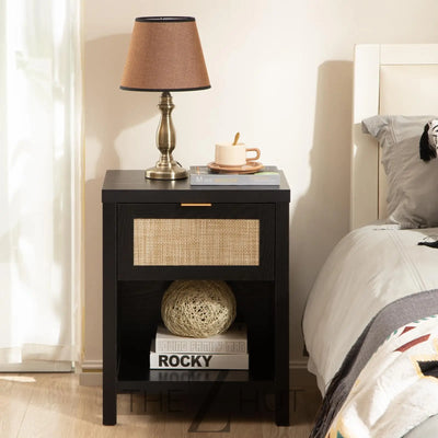 SICOTAS Rattan Nightstands Set of 2 - Farmhouse Night Stand with Drawer and Storage Shelf - Boho Bedside Table End Side Table for Bedroom, Oak THE Z HUT