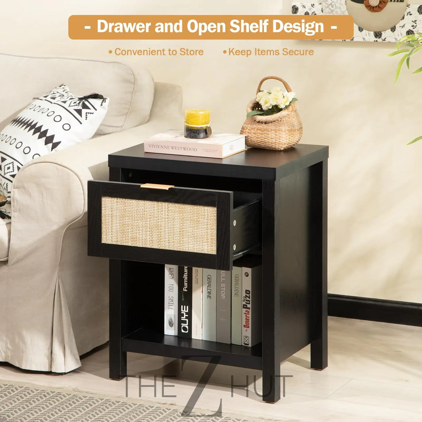 SICOTAS Rattan Nightstands Set of 2 - Farmhouse Night Stand with Drawer and Storage Shelf - Boho Bedside Table End Side Table for Bedroom, Oak THE Z HUT