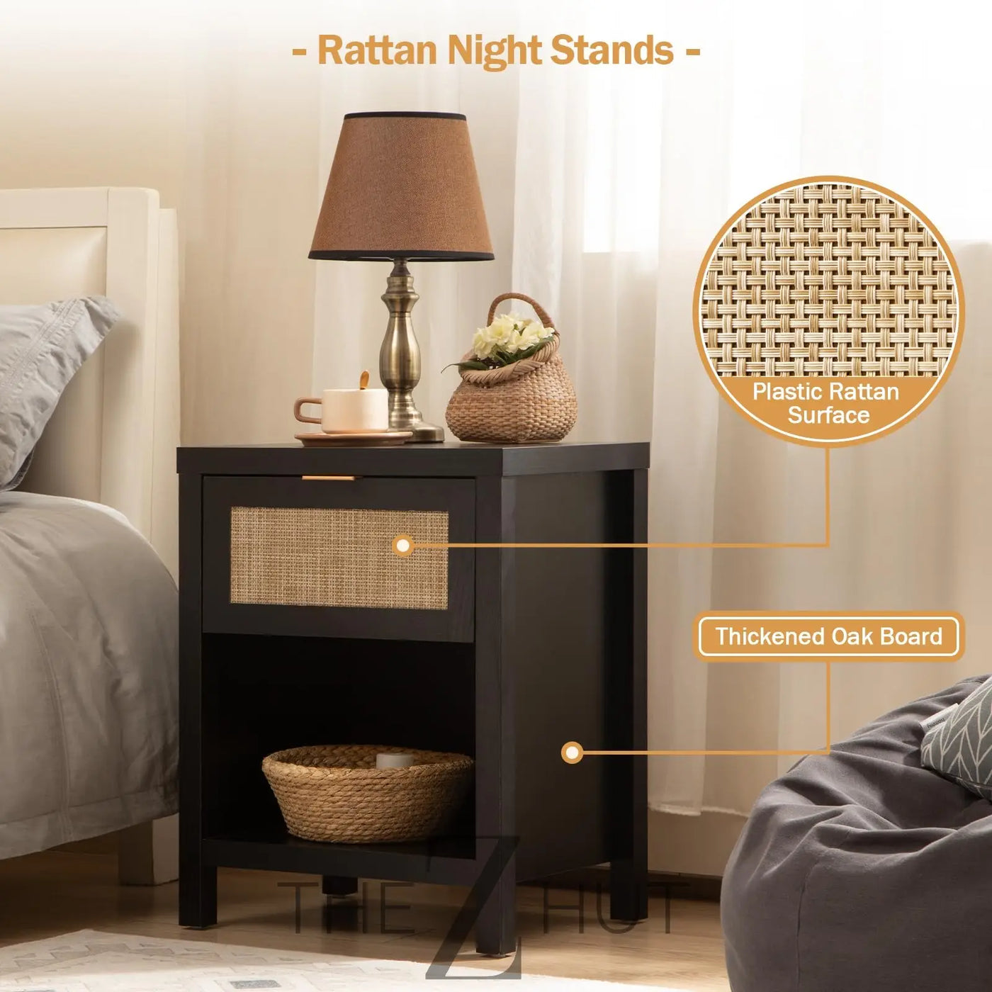 SICOTAS Rattan Nightstands Set of 2 - Farmhouse Night Stand with Drawer and Storage Shelf - Boho Bedside Table End Side Table for Bedroom, Oak THE Z HUT