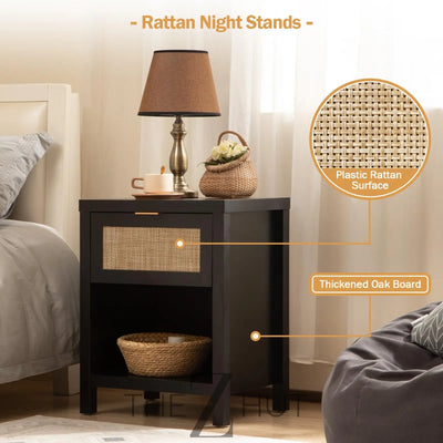 SICOTAS Rattan Nightstands Set of 2 - Farmhouse Night Stand with Drawer and Storage Shelf - Boho Bedside Table End Side Table for Bedroom, Oak THE Z HUT