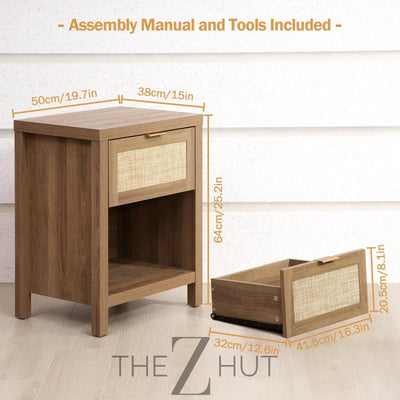 SICOTAS Rattan Nightstands Set of 2 - Farmhouse Night Stand with Drawer and Storage Shelf - Boho Bedside Table End Side Table for Bedroom, Oak THE Z HUT