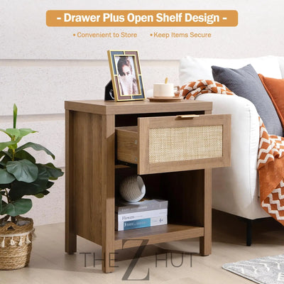 SICOTAS Rattan Nightstands Set of 2 - Farmhouse Night Stand with Drawer and Storage Shelf - Boho Bedside Table End Side Table for Bedroom, Oak THE Z HUT