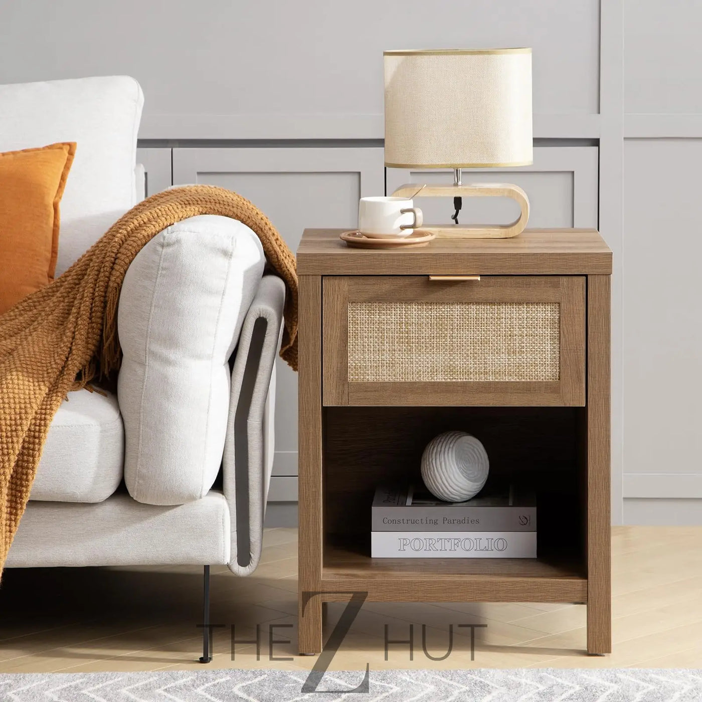 SICOTAS Rattan Nightstands Set of 2 - Farmhouse Night Stand with Drawer and Storage Shelf - Boho Bedside Table End Side Table for Bedroom, Oak THE Z HUT
