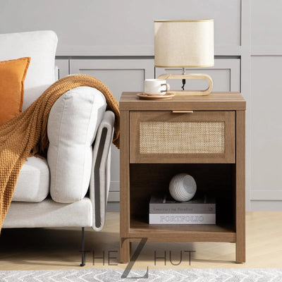 SICOTAS Rattan Nightstands Set of 2 - Farmhouse Night Stand with Drawer and Storage Shelf - Boho Bedside Table End Side Table for Bedroom, Oak THE Z HUT