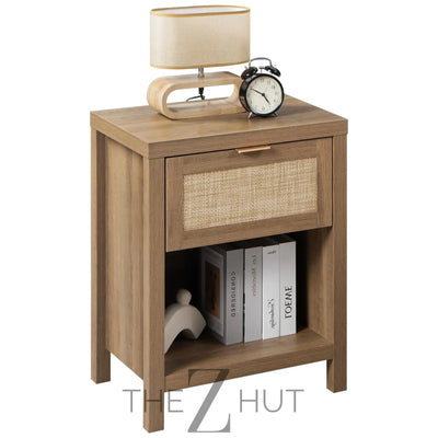 SICOTAS Rattan Nightstands Set of 2 - Farmhouse Night Stand with Drawer and Storage Shelf - Boho Bedside Table End Side Table for Bedroom, Oak THE Z HUT