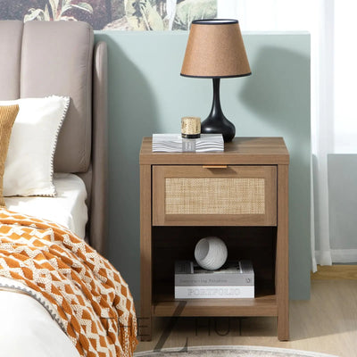 SICOTAS Rattan Nightstands Set of 2 - Farmhouse Night Stand with Drawer and Storage Shelf - Boho Bedside Table End Side Table for Bedroom, Oak THE Z HUT