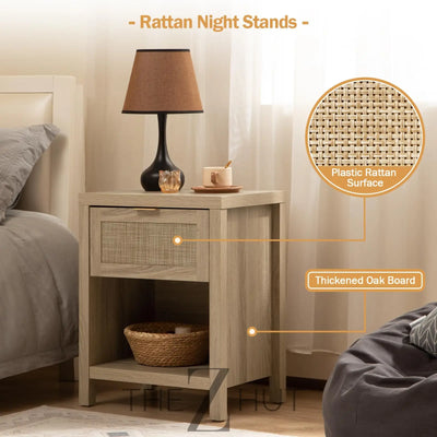SICOTAS Rattan Nightstands Set of 2 - Farmhouse Night Stand with Drawer and Storage Shelf - Boho Bedside Table End Side Table for Bedroom, Oak THE Z HUT