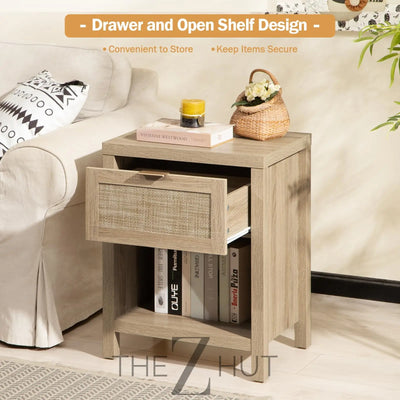 SICOTAS Rattan Nightstands Set of 2 - Farmhouse Night Stand with Drawer and Storage Shelf - Boho Bedside Table End Side Table for Bedroom, Oak THE Z HUT