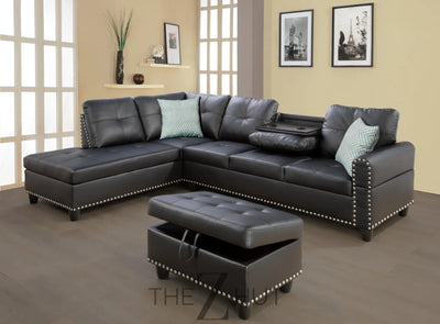 Sectional Sofa Couch, Modern 4-Seaters Living Room Furniture Sets with Chaise Lounge, Ottoman & 2 Pillows | L Shape Couch | Cup Holder | Faux PU Leather, Black THE Z HUT