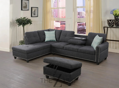 Sectional Sofa Couch, Modern 4-Seaters Living Room Furniture Sets with Chaise Lounge, Ottoman & 2 Pillows | L Shape Couch | Cup Holder | Faux PU Leather, Black THE Z HUT
