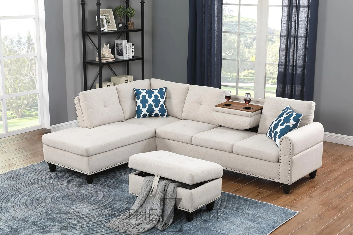 Sectional Sofa Couch, Modern 4-Seaters Living Room Furniture Sets with Chaise Lounge, Ottoman & 2 Pillows | L Shape Couch | Cup Holder | Faux PU Leather, Black THE Z HUT