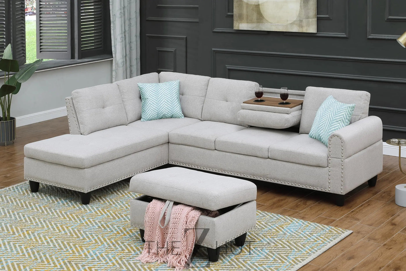 Sectional Sofa Couch, Modern 4-Seaters Living Room Furniture Sets with Chaise Lounge, Ottoman & 2 Pillows | L Shape Couch | Cup Holder | Faux PU Leather, Black THE Z HUT