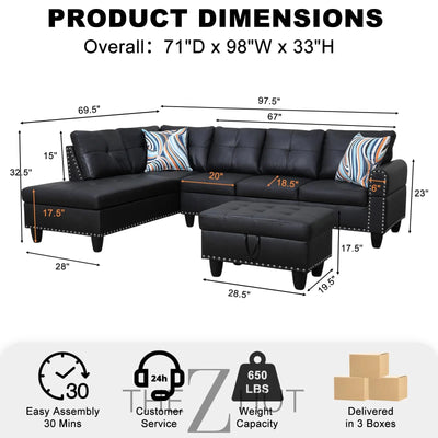 Sectional Sofa Couch, Modern 4-Seaters Living Room Furniture Sets with Chaise Lounge, Ottoman & 2 Pillows | L Shape Couch | Cup Holder | Faux PU Leather, Black THE Z HUT