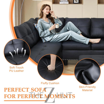 Sectional Sofa Couch, Modern 4-Seaters Living Room Furniture Sets with Chaise Lounge, Ottoman & 2 Pillows | L Shape Couch | Cup Holder | Faux PU Leather, Black THE Z HUT