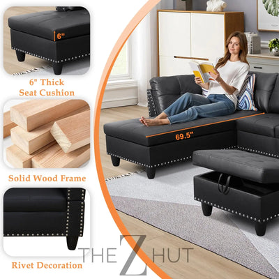 Sectional Sofa Couch, Modern 4-Seaters Living Room Furniture Sets with Chaise Lounge, Ottoman & 2 Pillows | L Shape Couch | Cup Holder | Faux PU Leather, Black THE Z HUT