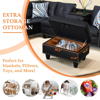 Sectional Sofa Couch, Modern 4-Seaters Living Room Furniture Sets with Chaise Lounge, Ottoman & 2 Pillows | L Shape Couch | Cup Holder | Faux PU Leather, Black THE Z HUT