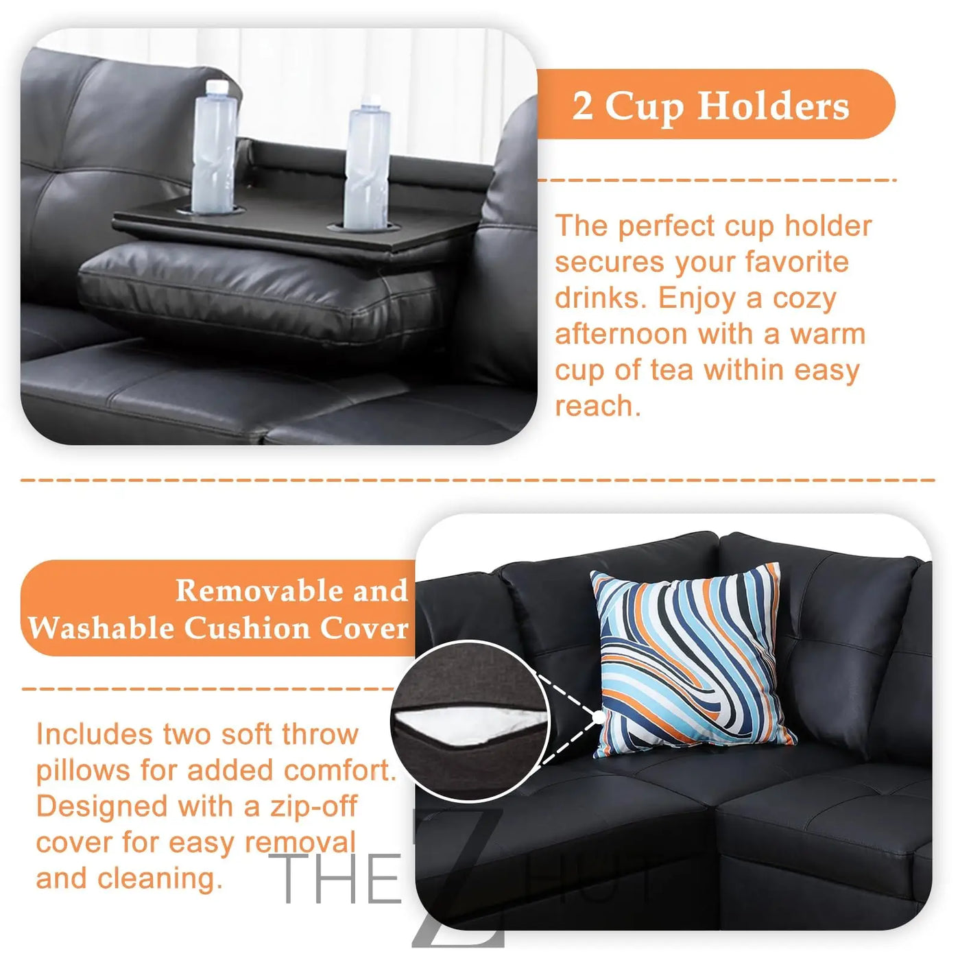 Sectional Sofa Couch, Modern 4-Seaters Living Room Furniture Sets with Chaise Lounge, Ottoman & 2 Pillows | L Shape Couch | Cup Holder | Faux PU Leather, Black THE Z HUT