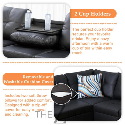 Sectional Sofa Couch, Modern 4-Seaters Living Room Furniture Sets with Chaise Lounge, Ottoman & 2 Pillows | L Shape Couch | Cup Holder | Faux PU Leather, Black THE Z HUT