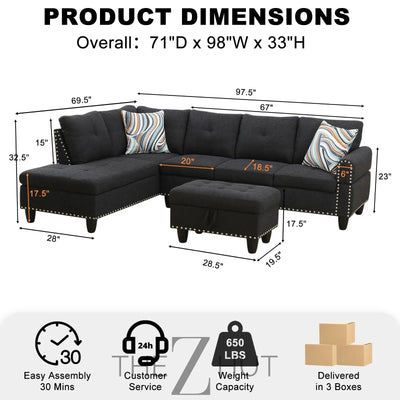 Sectional Sofa Couch, Modern 4-Seaters Living Room Furniture Sets with Chaise Lounge, Ottoman & 2 Pillows | L Shape Couch | Cup Holder | Faux PU Leather, Black THE Z HUT