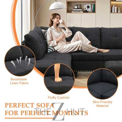 Sectional Sofa Couch, Modern 4-Seaters Living Room Furniture Sets with Chaise Lounge, Ottoman & 2 Pillows | L Shape Couch | Cup Holder | Faux PU Leather, Black THE Z HUT