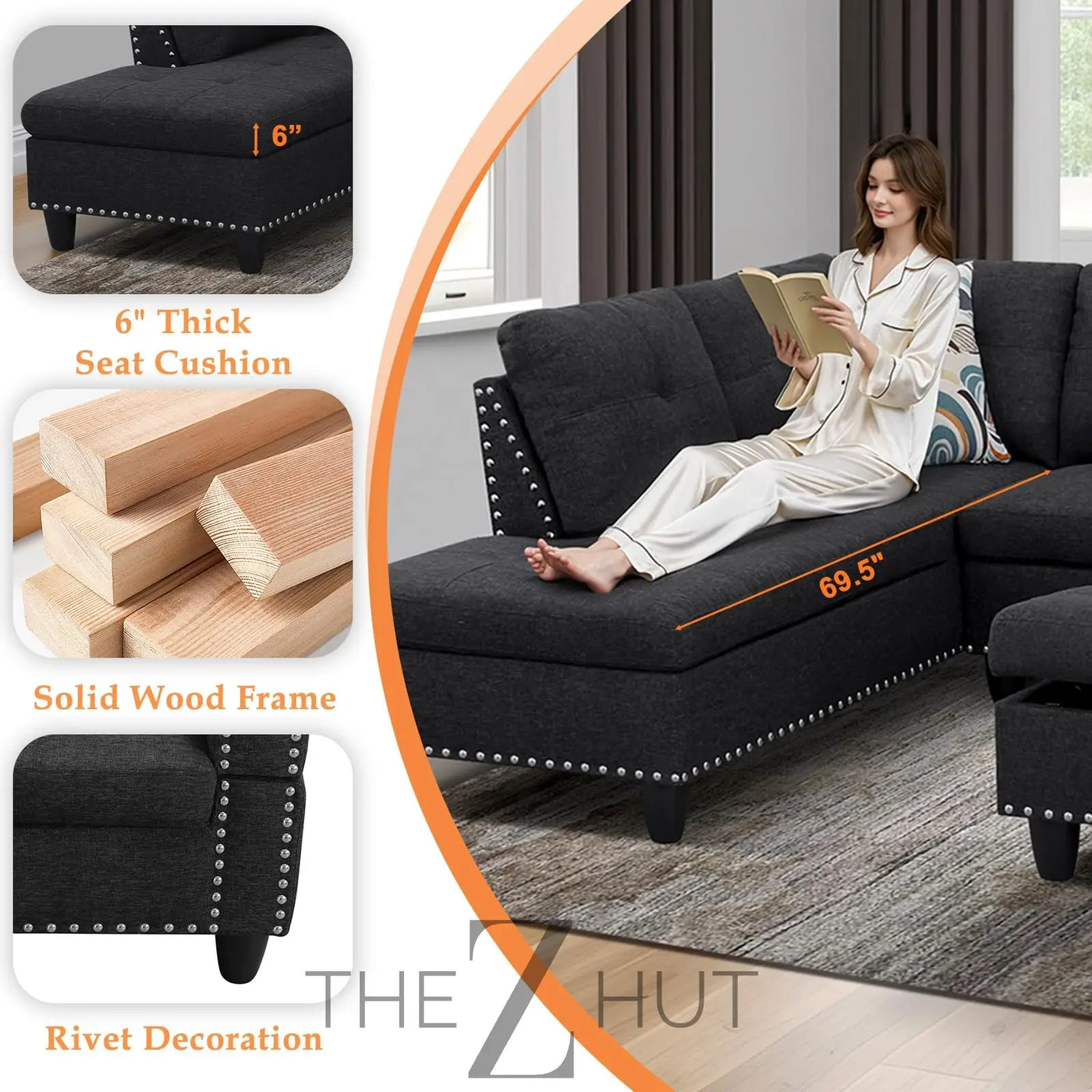 Sectional Sofa Couch, Modern 4-Seaters Living Room Furniture Sets with Chaise Lounge, Ottoman & 2 Pillows | L Shape Couch | Cup Holder | Faux PU Leather, Black THE Z HUT