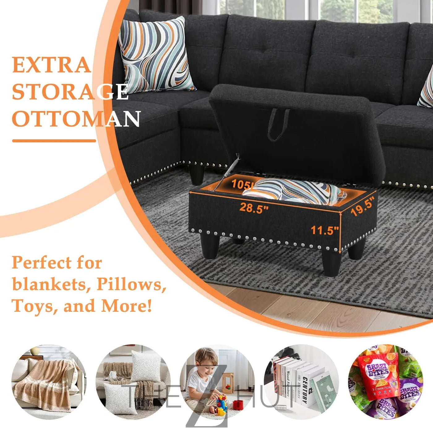 Sectional Sofa Couch, Modern 4-Seaters Living Room Furniture Sets with Chaise Lounge, Ottoman & 2 Pillows | L Shape Couch | Cup Holder | Faux PU Leather, Black THE Z HUT