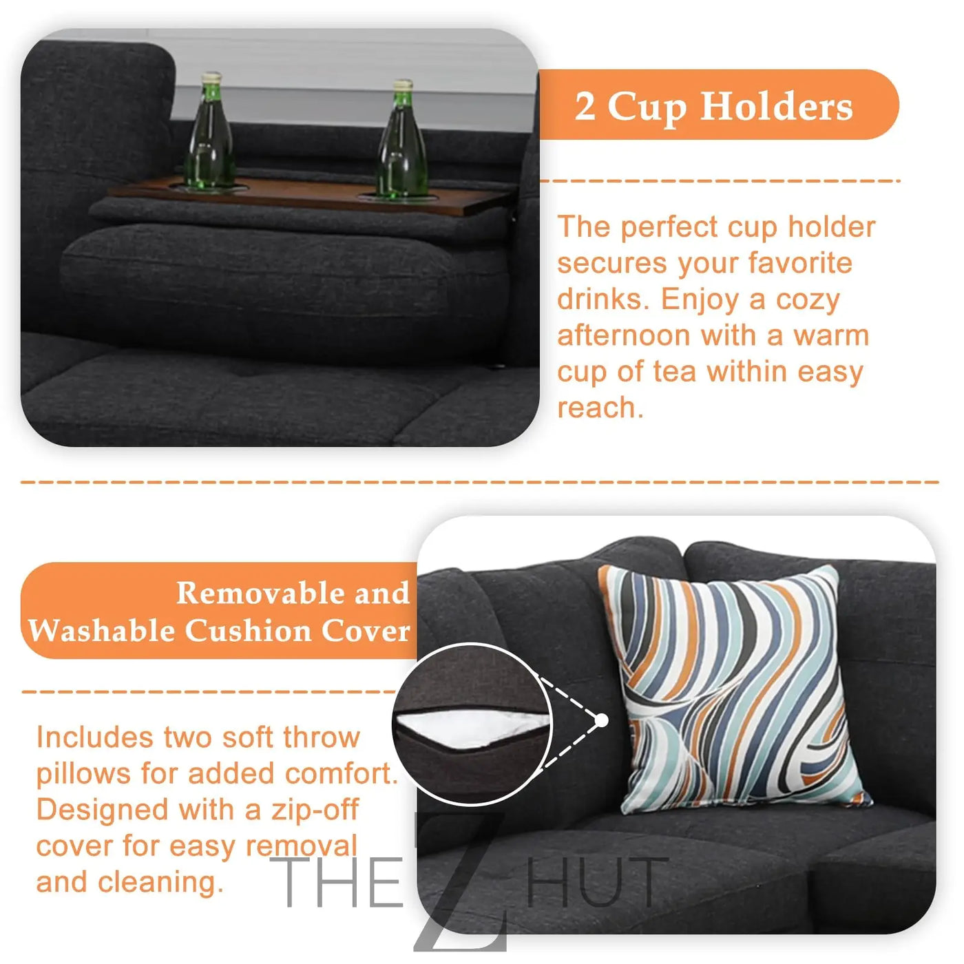 Sectional Sofa Couch, Modern 4-Seaters Living Room Furniture Sets with Chaise Lounge, Ottoman & 2 Pillows | L Shape Couch | Cup Holder | Faux PU Leather, Black THE Z HUT