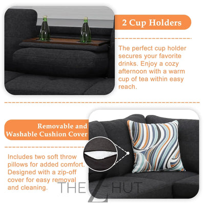 Sectional Sofa Couch, Modern 4-Seaters Living Room Furniture Sets with Chaise Lounge, Ottoman & 2 Pillows | L Shape Couch | Cup Holder | Faux PU Leather, Black THE Z HUT