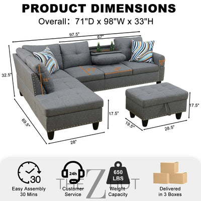 Sectional Sofa Couch, Modern 4-Seaters Living Room Furniture Sets with Chaise Lounge, Ottoman & 2 Pillows | L Shape Couch | Cup Holder | Faux PU Leather, Black THE Z HUT