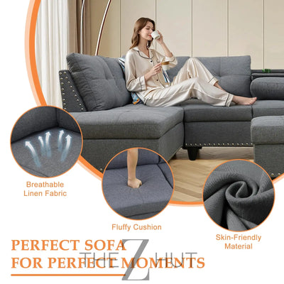 Sectional Sofa Couch, Modern 4-Seaters Living Room Furniture Sets with Chaise Lounge, Ottoman & 2 Pillows | L Shape Couch | Cup Holder | Faux PU Leather, Black THE Z HUT