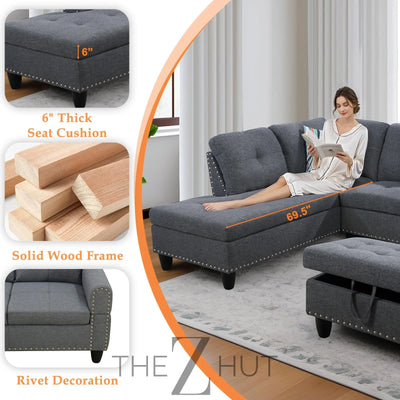 Sectional Sofa Couch, Modern 4-Seaters Living Room Furniture Sets with Chaise Lounge, Ottoman & 2 Pillows | L Shape Couch | Cup Holder | Faux PU Leather, Black THE Z HUT