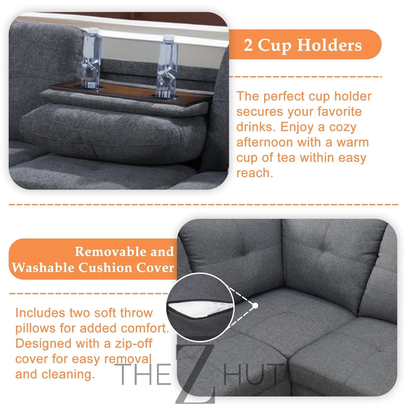 Sectional Sofa Couch, Modern 4-Seaters Living Room Furniture Sets with Chaise Lounge, Ottoman & 2 Pillows | L Shape Couch | Cup Holder | Faux PU Leather, Black THE Z HUT