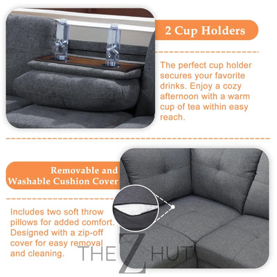 Sectional Sofa Couch, Modern 4-Seaters Living Room Furniture Sets with Chaise Lounge, Ottoman & 2 Pillows | L Shape Couch | Cup Holder | Faux PU Leather, Black THE Z HUT